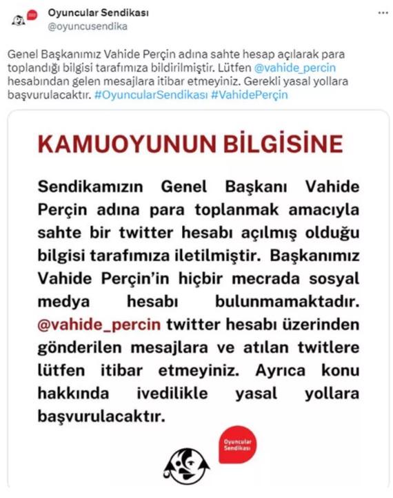 Oyuncular Sendikası'ndan Vahide Perçin açıklaması...